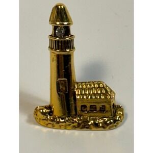 Lighthouse Pin Brooch Gold Tone Rhinestone Nautical Coastal Camco‎ Signed